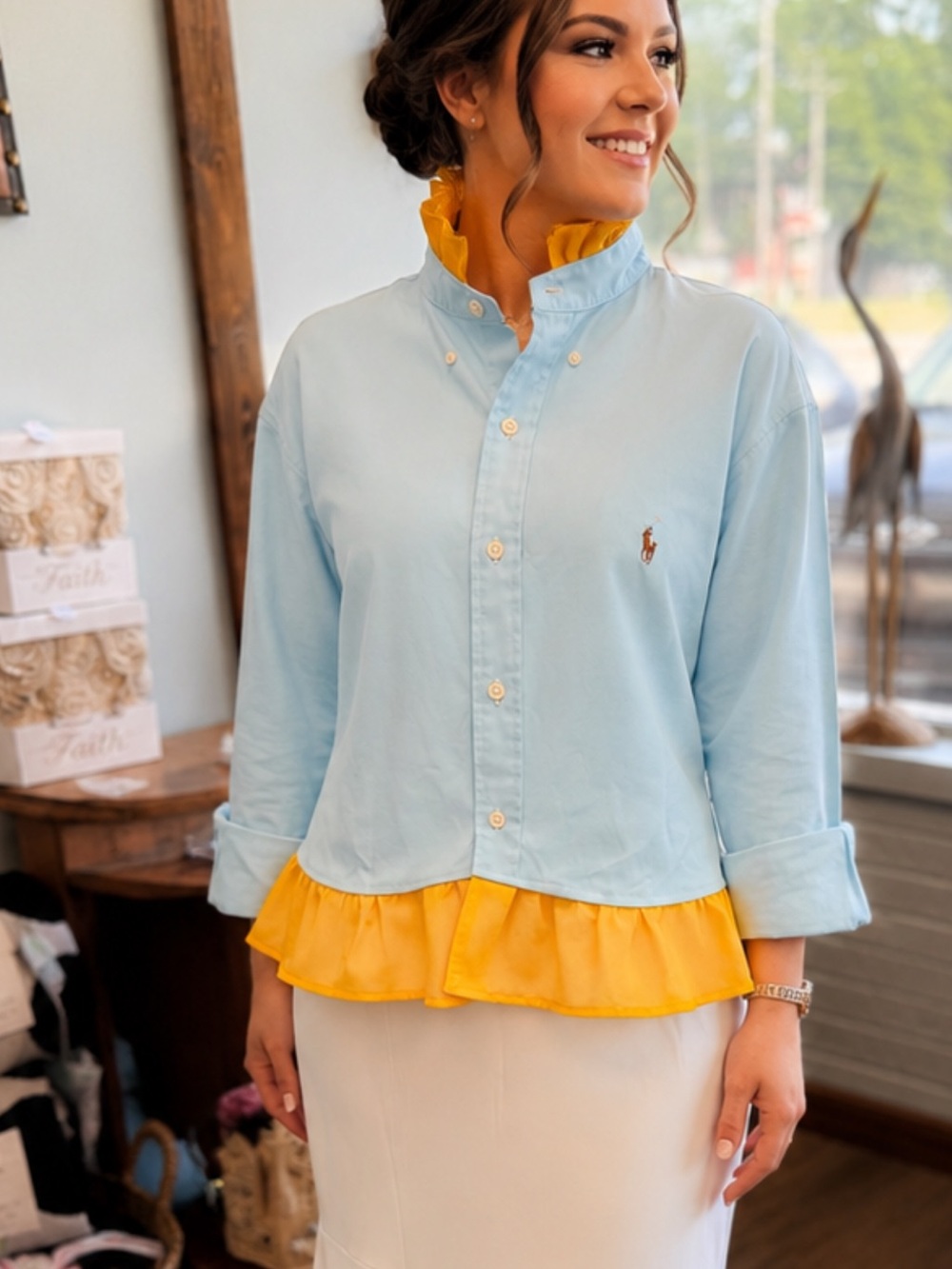 Repurposed Ralph Lauren Blue Button-Down Shirt with Yellow Ruffle Trim